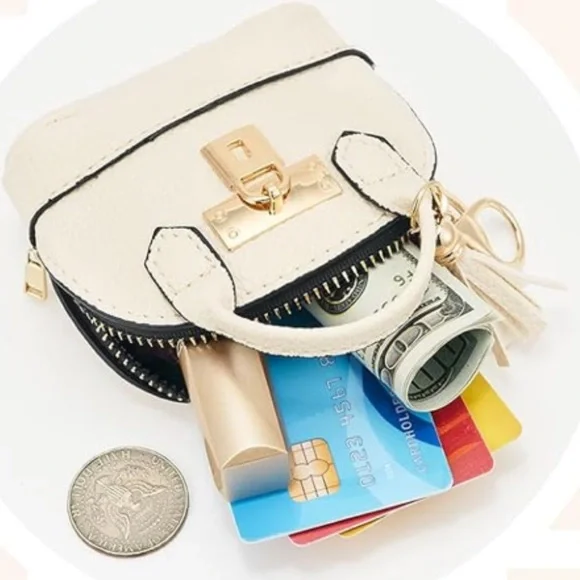 NEW Mini Purse Bag Charm Keychain Micro Pouch Bag Cles Compact Mini Wallet Cream - Picture 3 of 6